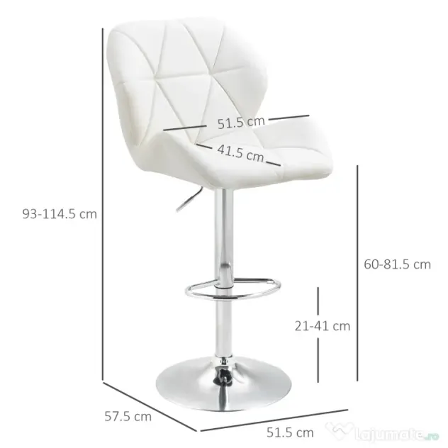 HOMCOM Scaun Bar Reglabil Pivotante si Antiderapant, Scaun bar Modern,Sarcina Maxima 120 kg,Elegante și Confortabile,Albe | Aosom Romania