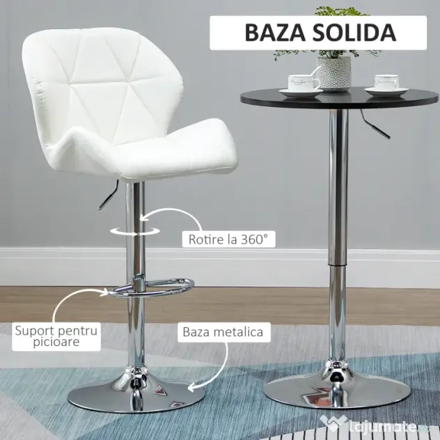 HOMCOM Scaun Bar Reglabil Pivotante si Antiderapant, Scaun bar Modern,Sarcina Maxima 120 kg,Elegante și Confortabile,Albe | Aosom Romania