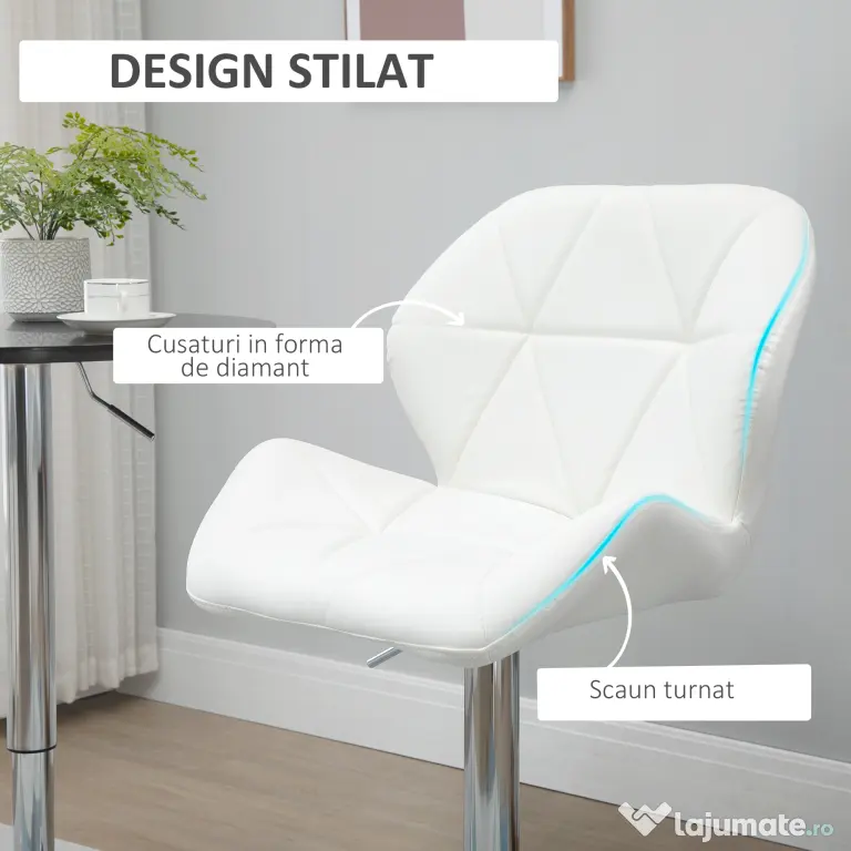 HOMCOM Scaun Bar Reglabil Pivotante si Antiderapant, Scaun bar Modern,Sarcina Maxima 120 kg,Elegante și Confortabile,Albe | Aosom Romania