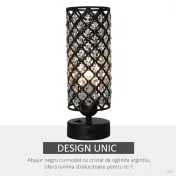 HOMCOM Lampa de Masa cu Abajur din Cristal si 2 Porturi USB, Intensitatea Luminii Reglabila Touch Ф10,8 x 30 cm, Negru 