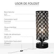 HOMCOM Lampa de Masa cu Abajur din Cristal si 2 Porturi USB, Intensitatea Luminii Reglabila Touch Ф10,8 x 30 cm, Negru 