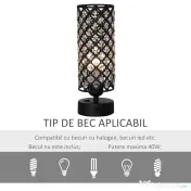 HOMCOM Lampa de Masa cu Abajur din Cristal si 2 Porturi USB, Intensitatea Luminii Reglabila Touch Ф10,8 x 30 cm, Negru 