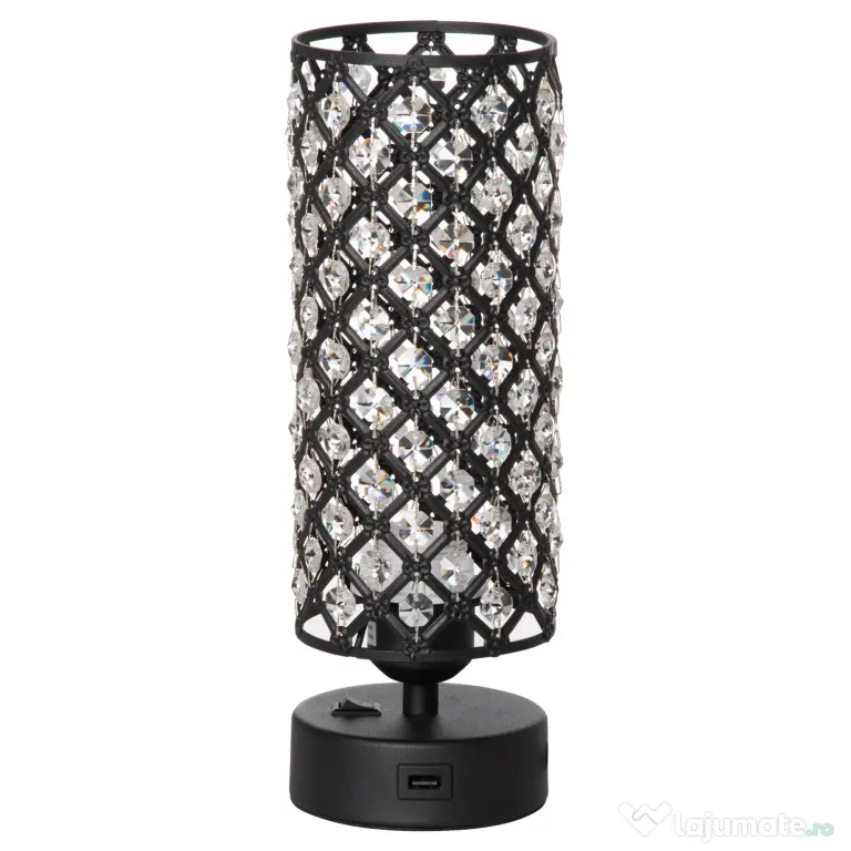 HOMCOM Lampa de Masa Eleganta cu Abajur din Cristal si 2 Porturi USB, Lumina Reglabila Touch, Design Modern, Ф10,8x30 cm, Negru | Aosom Romania
