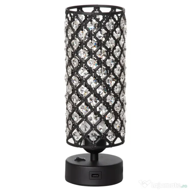 HOMCOM Lampa de Masa Eleganta cu Abajur din Cristal si 2 Porturi USB, Lumina Reglabila Touch, Design Modern, Ф10,8x30 cm, Negru | Aosom Romania