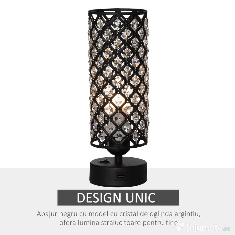 HOMCOM Lampa de Masa Eleganta cu Abajur din Cristal si 2 Porturi USB, Lumina Reglabila Touch, Design Modern, Ф10,8x30 cm, Negru | Aosom Romania