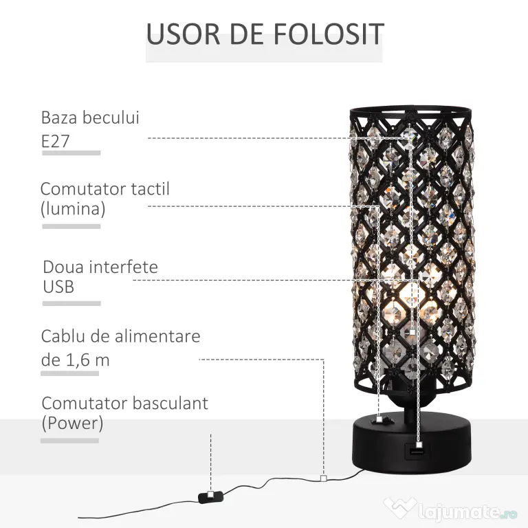 HOMCOM Lampa de Masa Eleganta cu Abajur din Cristal si 2 Porturi USB, Lumina Reglabila Touch, Design Modern, Ф10,8x30 cm, Negru | Aosom Romania