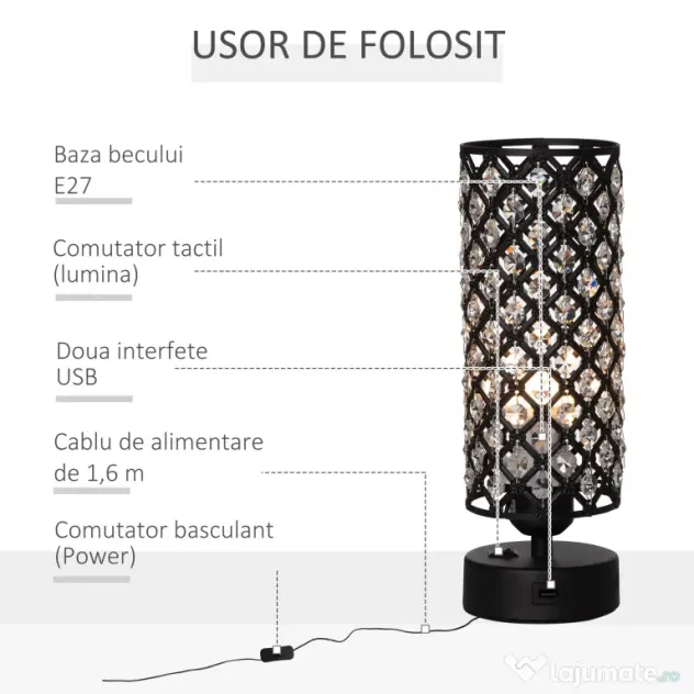 HOMCOM Lampa de Masa Eleganta cu Abajur din Cristal si 2 Porturi USB, Lumina Reglabila Touch, Design Modern, Ф10,8x30 cm, Negru | Aosom Romania