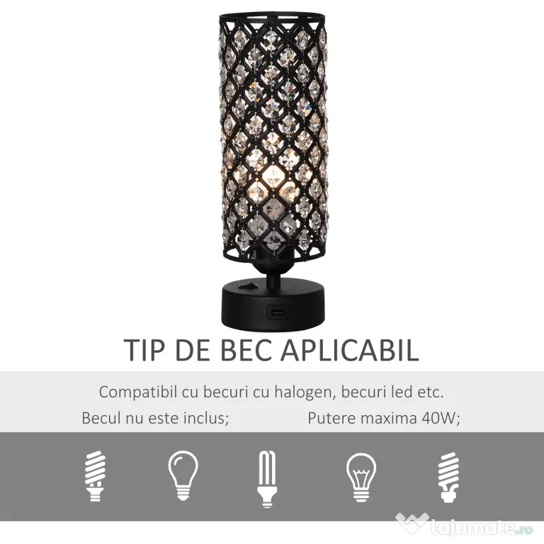 HOMCOM Lampa de Masa Eleganta cu Abajur din Cristal si 2 Porturi USB, Lumina Reglabila Touch, Design Modern, Ф10,8x30 cm, Negru | Aosom Romania