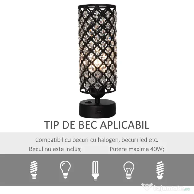 HOMCOM Lampa de Masa Eleganta cu Abajur din Cristal si 2 Porturi USB, Lumina Reglabila Touch, Design Modern, Ф10,8x30 cm, Negru | Aosom Romania