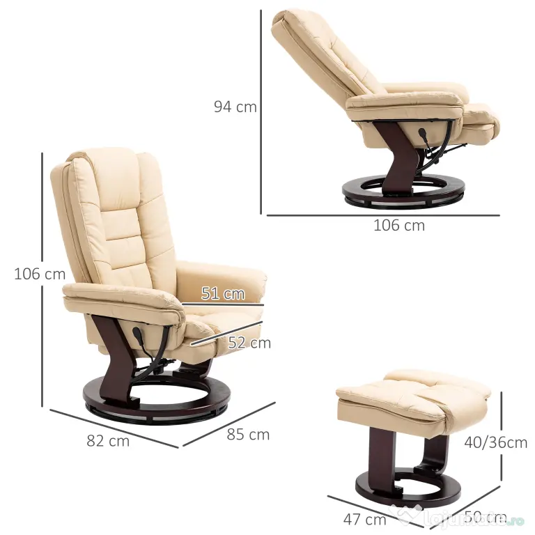 HOMCOM Set Fotoliu și Pouf pentru Picioare, Rotativ la 360° și Reclinabil cu Suport pentru Cap și Brate, 85x106x94cm, Bej | Aosom Romania