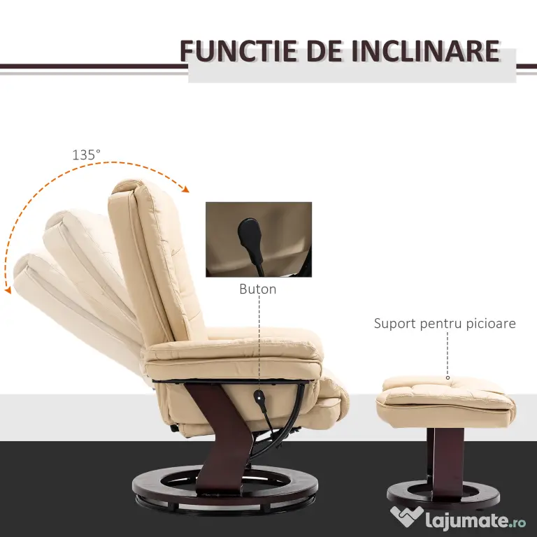 HOMCOM Set Fotoliu și Pouf pentru Picioare, Rotativ la 360° și Reclinabil cu Suport pentru Cap și Brate, 85x106x94cm, Bej | Aosom Romania