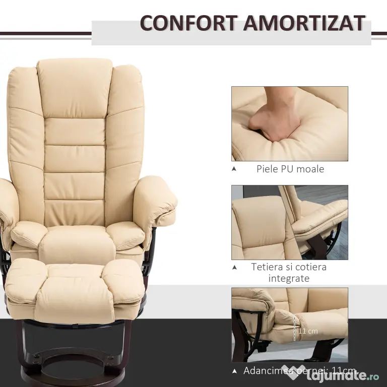 HOMCOM Set Fotoliu și Pouf pentru Picioare, Rotativ la 360° și Reclinabil cu Suport pentru Cap și Brate, 85x106x94cm, Bej | Aosom Romania