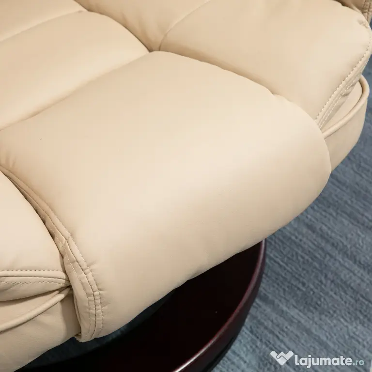 HOMCOM Set Fotoliu și Pouf pentru Picioare, Rotativ la 360° și Reclinabil cu Suport pentru Cap și Brate, 85x106x94cm, Bej | Aosom Romania