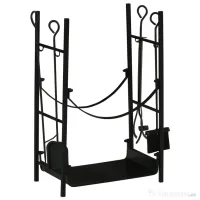 Suport pentru Lemne de Interior si de Exterior din Metal cu Lopata, Matrua, Vatrai si Cleste, Negru, max 70 kg de Lemne Outsunny | Aosom Romania