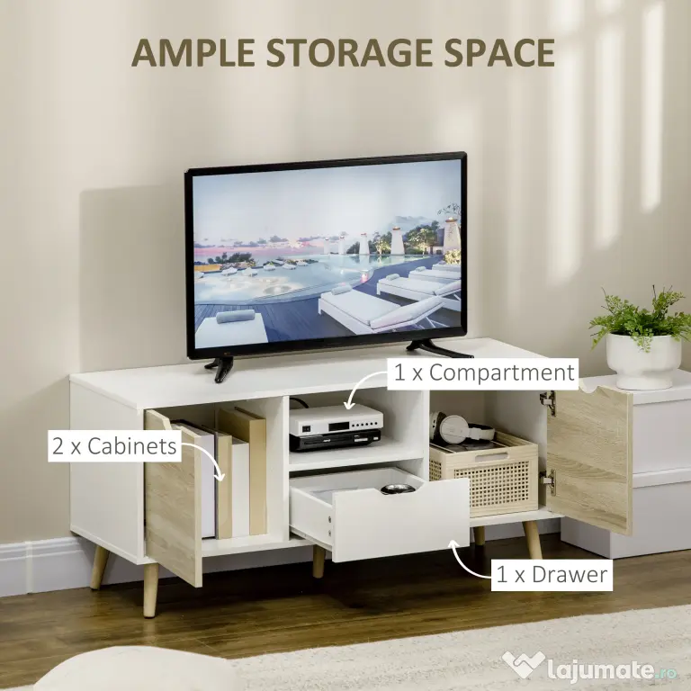 Comoda pentru TV de pana la 50 inch HOMCOM cu dulapuri si sertare, natural | Aosom Romania