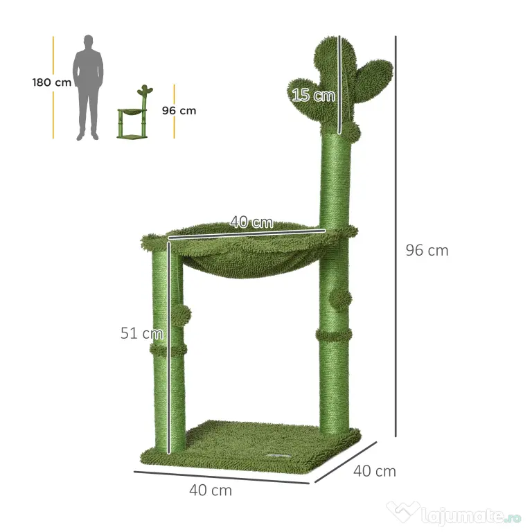 PawHut Centru de Activități pentru Pisici în Formă de Cactus, Zona de Joacă și Odihnă, 40x40x96cm, Verde | Aosom Romania