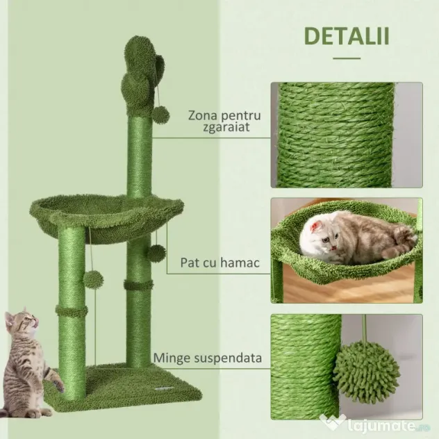 PawHut Centru de Activități pentru Pisici în Formă de Cactus, Zona de Joacă și Odihnă, 40x40x96cm, Verde | Aosom Romania
