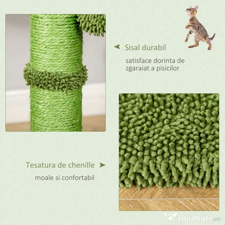 PawHut Centru de Activități pentru Pisici în Formă de Cactus, Zona de Joacă și Odihnă, 40x40x96cm, Verde | Aosom Romania