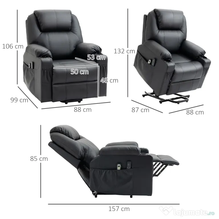 HOMCOM Scaun cu Ridicare Electrică, Masaj, Telecomandă și Buzunare Laterale pentru Vârstnici, din Piele PU, 88x92x106 cm, Negru | Aosom Romania