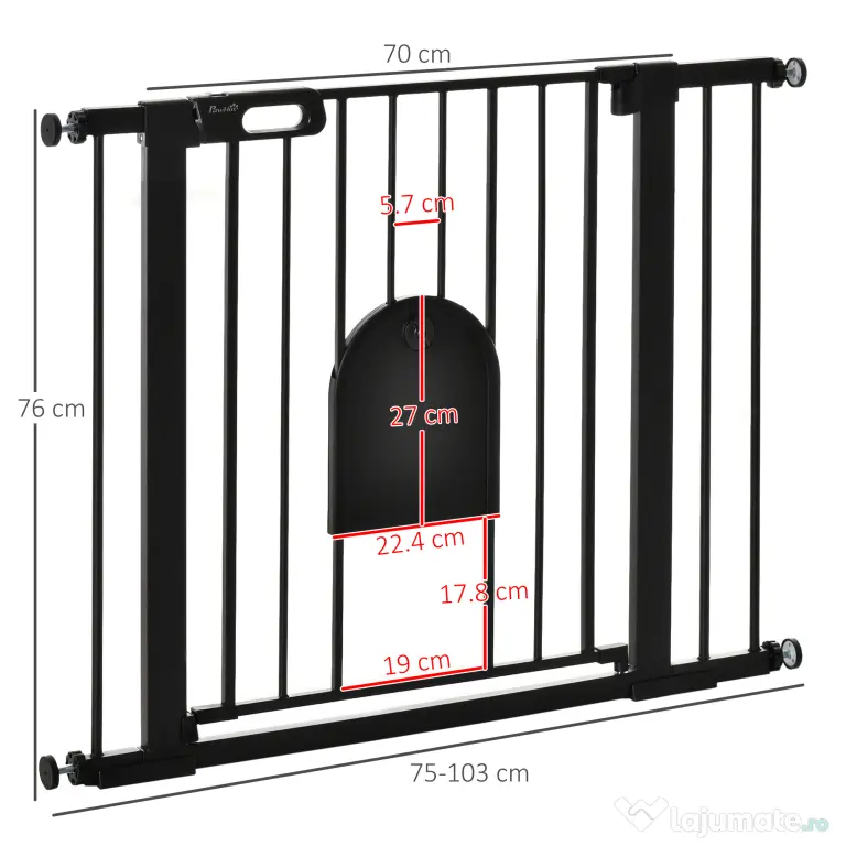 PawHut Barieră Reglabilă pentru Câini cu Ușă Mică, Montare prin Presiune și Închidere Automată, 75-103x76 cm, Negru | Aosom Romania
