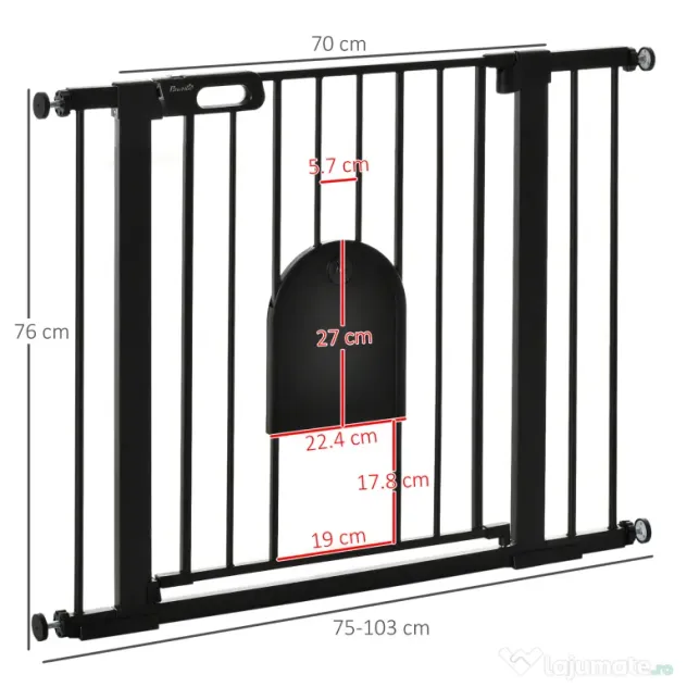 PawHut Barieră Reglabilă pentru Câini cu Ușă Mică, Montare prin Presiune și Închidere Automată, 75-103x76 cm, Negru | Aosom Romania