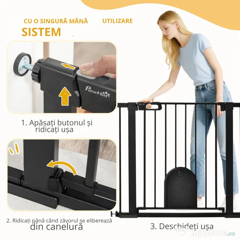 PawHut Barieră Reglabilă pentru Câini cu Ușă Mică, Montare prin Presiune și Închidere Automată, 75-103x76 cm, Negru | Aosom Romania