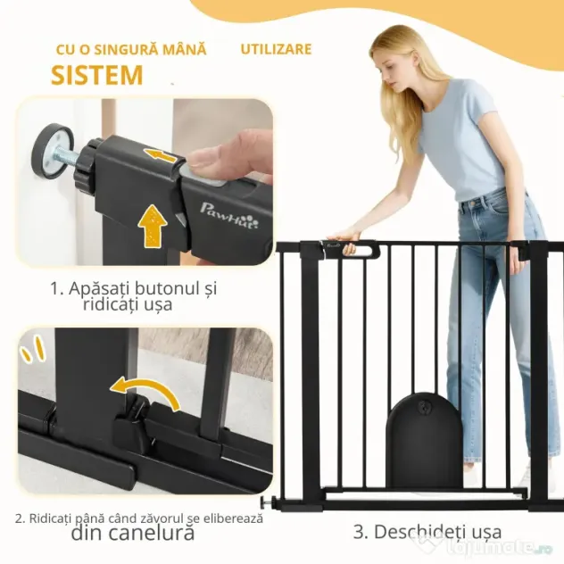 PawHut Barieră Reglabilă pentru Câini cu Ușă Mică, Montare prin Presiune și Închidere Automată, 75-103x76 cm, Negru | Aosom Romania