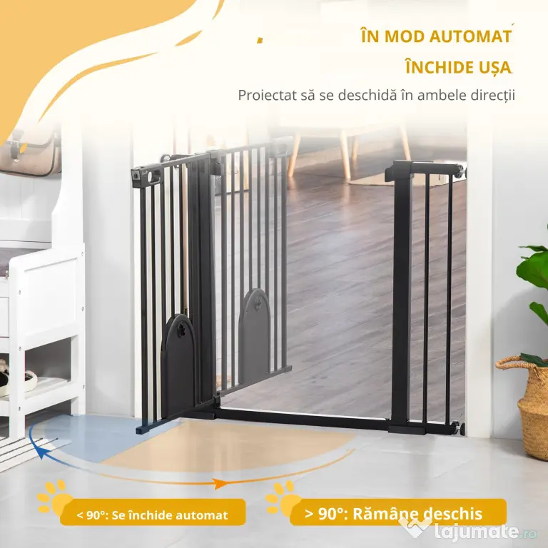 PawHut Barieră Reglabilă pentru Câini cu Ușă Mică, Montare prin Presiune și Închidere Automată, 75-103x76 cm, Negru | Aosom Romania