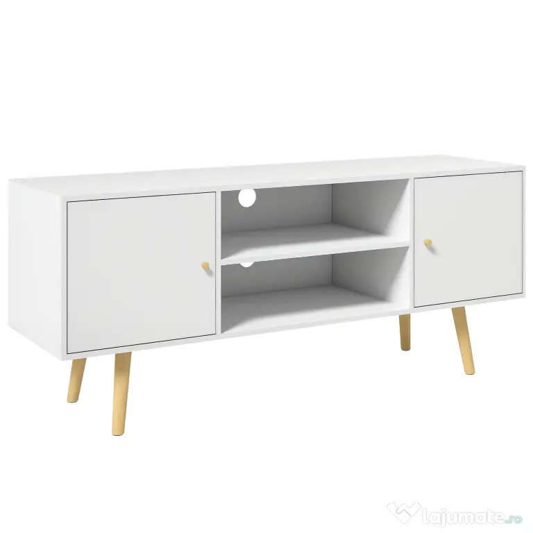 HOMCOM Cabinet TV 55" cu 2 Dulapuri, Uși și 2 Rafturi Deschise, Consolă TV din Lemn și PAL, 120x34x50 cm, Alb | Aosom Romania