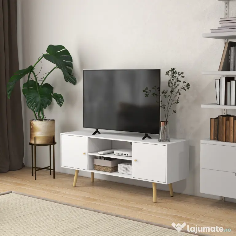 HOMCOM Cabinet TV 55" cu 2 Dulapuri, Uși și 2 Rafturi Deschise, Consolă TV din Lemn și PAL, 120x34x50 cm, Alb | Aosom Romania