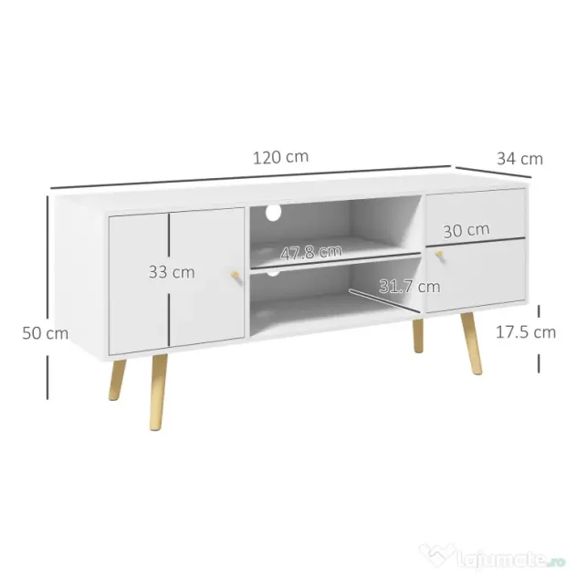 HOMCOM Cabinet TV 55" cu 2 Dulapuri, Uși și 2 Rafturi Deschise, Consolă TV din Lemn și PAL, 120x34x50 cm, Alb | Aosom Romania