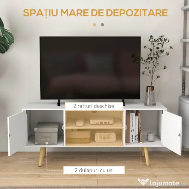 HOMCOM Cabinet TV 55" cu 2 Dulapuri, Uși și 2 Rafturi Deschise, Consolă TV din Lemn și PAL, 120x34x50 cm, Alb | Aosom Romania