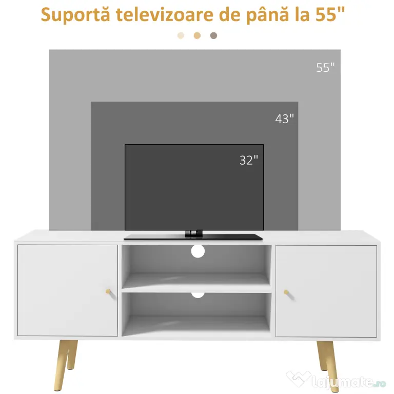 HOMCOM Cabinet TV 55" cu 2 Dulapuri, Uși și 2 Rafturi Deschise, Consolă TV din Lemn și PAL, 120x34x50 cm, Alb | Aosom Romania