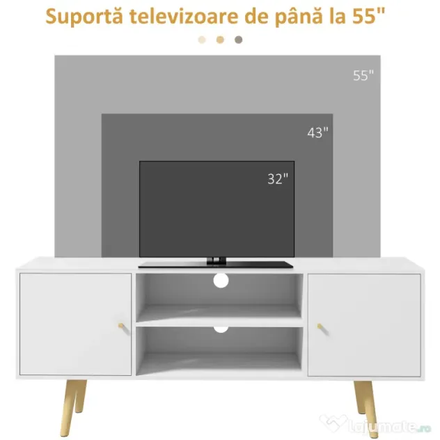 HOMCOM Cabinet TV 55" cu 2 Dulapuri, Uși și 2 Rafturi Deschise, Consolă TV din Lemn și PAL, 120x34x50 cm, Alb | Aosom Romania