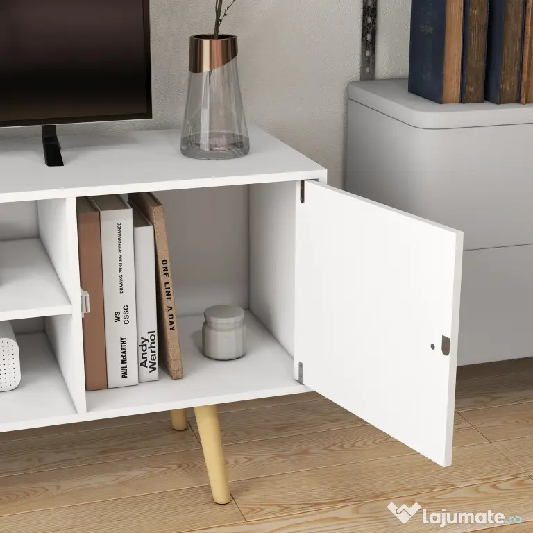 HOMCOM Cabinet TV 55" cu 2 Dulapuri, Uși și 2 Rafturi Deschise, Consolă TV din Lemn și PAL, 120x34x50 cm, Alb | Aosom Romania