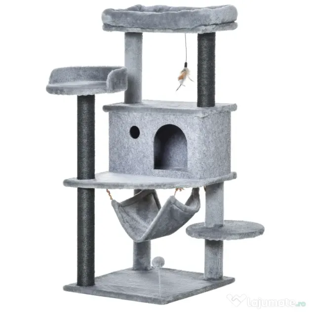 PawHut Arbore Răzuitoare pentru Pisici 48x48x107 cm Turn pentru Pisici cu Cavernă de Fetru Demontabilă Hamacă Paturi Platforme Gri | Aosom Romania