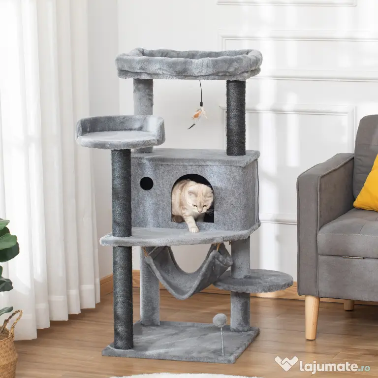 PawHut Arbore Răzuitoare pentru Pisici 48x48x107 cm Turn pentru Pisici cu Cavernă de Fetru Demontabilă Hamacă Paturi Platforme Gri | Aosom Romania