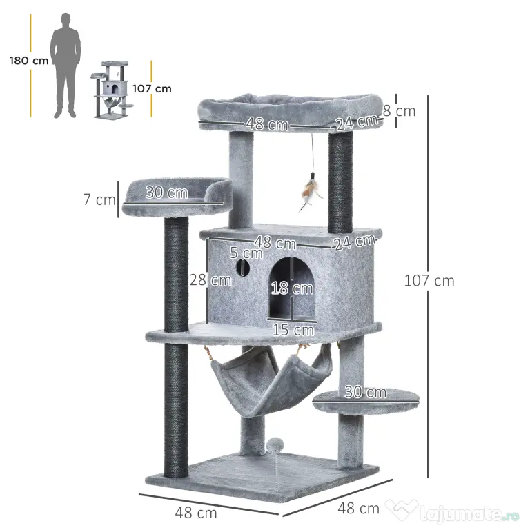 PawHut Arbore Răzuitoare pentru Pisici 48x48x107 cm Turn pentru Pisici cu Cavernă de Fetru Demontabilă Hamacă Paturi Platforme Gri | Aosom Romania