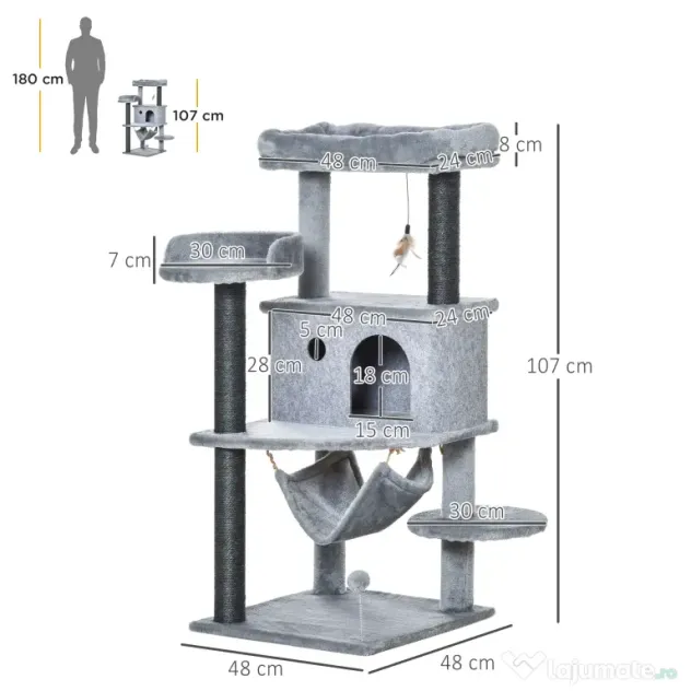 PawHut Arbore Răzuitoare pentru Pisici 48x48x107 cm Turn pentru Pisici cu Cavernă de Fetru Demontabilă Hamacă Paturi Platforme Gri | Aosom Romania