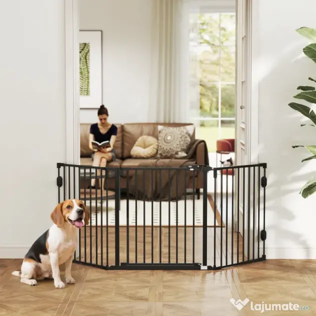 PawHut Poartă de Siguranță Pliabilă Oțel Închidere/Blocare Automată 202.5x2x76 cm Neagră Ușor de Folosit | Aosom Romania