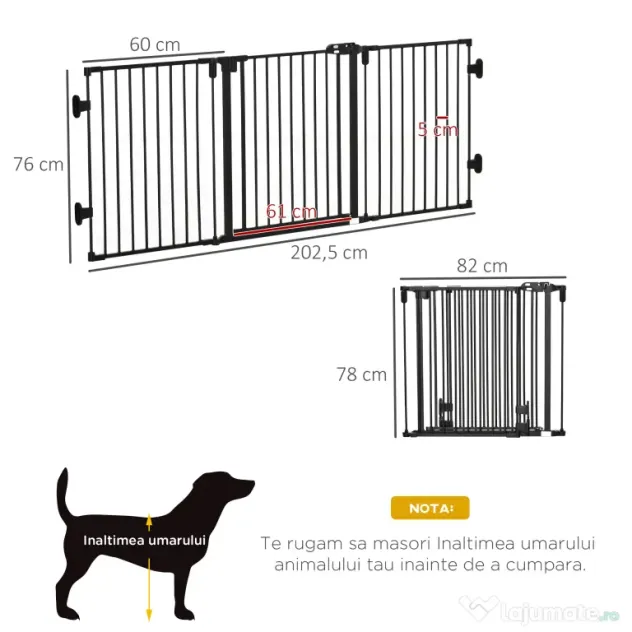 PawHut Poartă de Siguranță Pliabilă Oțel Închidere/Blocare Automată 202.5x2x76 cm Neagră Ușor de Folosit | Aosom Romania