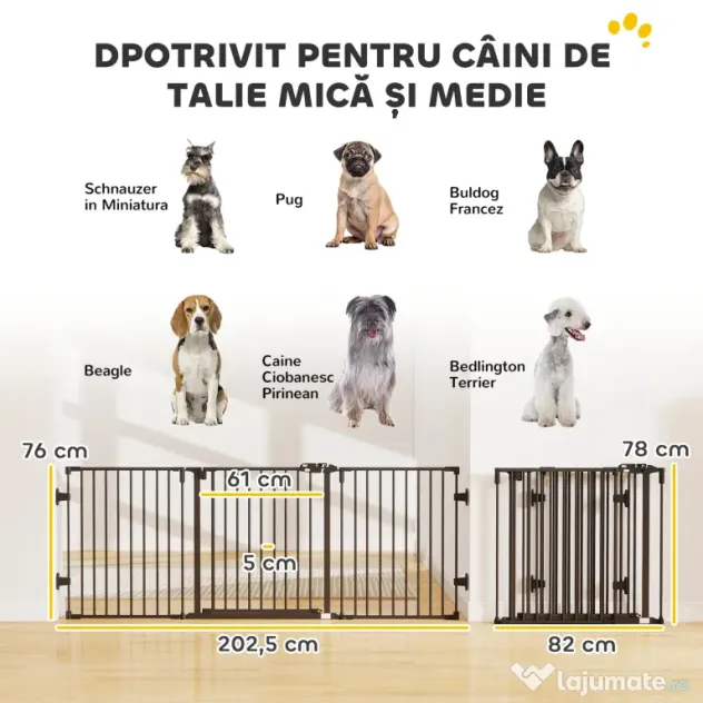 PawHut Poartă de Siguranță Pliabilă Oțel Închidere/Blocare Automată 202.5x2x76 cm Neagră Ușor de Folosit | Aosom Romania