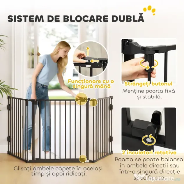 PawHut Poartă de Siguranță Pliabilă Oțel Închidere/Blocare Automată 202.5x2x76 cm Neagră Ușor de Folosit | Aosom Romania