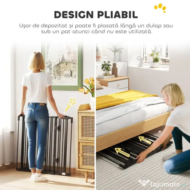 PawHut Poartă de Siguranță Pliabilă Oțel Închidere/Blocare Automată 202.5x2x76 cm Neagră Ușor de Folosit | Aosom Romania