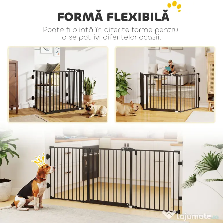PawHut Poartă de Siguranță Pliabilă Oțel Închidere/Blocare Automată 202.5x2x76 cm Neagră Ușor de Folosit | Aosom Romania