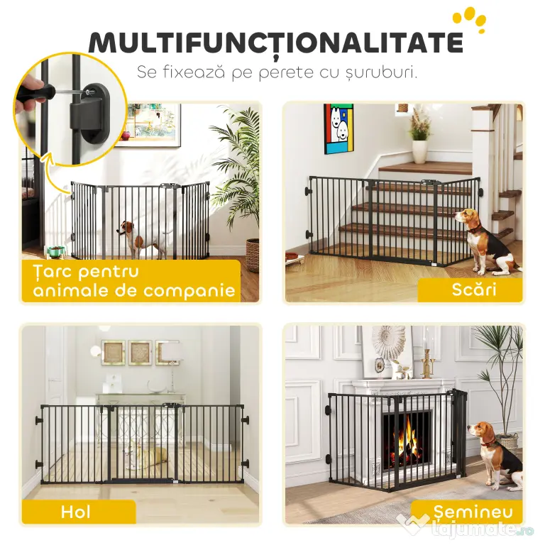 PawHut Poartă de Siguranță Pliabilă Oțel Închidere/Blocare Automată 202.5x2x76 cm Neagră Ușor de Folosit | Aosom Romania