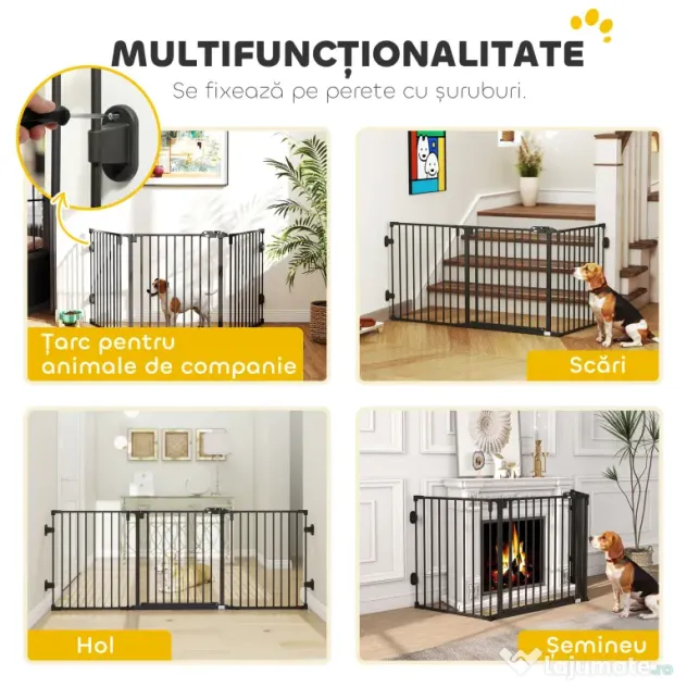 PawHut Poartă de Siguranță Pliabilă Oțel Închidere/Blocare Automată 202.5x2x76 cm Neagră Ușor de Folosit | Aosom Romania