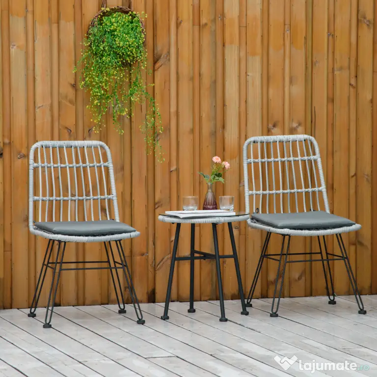Outsunny Set Mobilier Grădină 3 Piese din Ratan, Salon Exterior cu Măsuță de Cafea și Scaune, Ideal pentru Spații Deschise, Gri | Aosom Romania