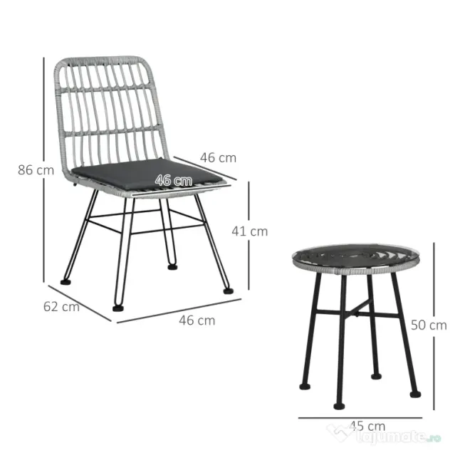 Outsunny Set Mobilier Grădină 3 Piese din Ratan, Salon Exterior cu Măsuță de Cafea și Scaune, Ideal pentru Spații Deschise, Gri | Aosom Romania