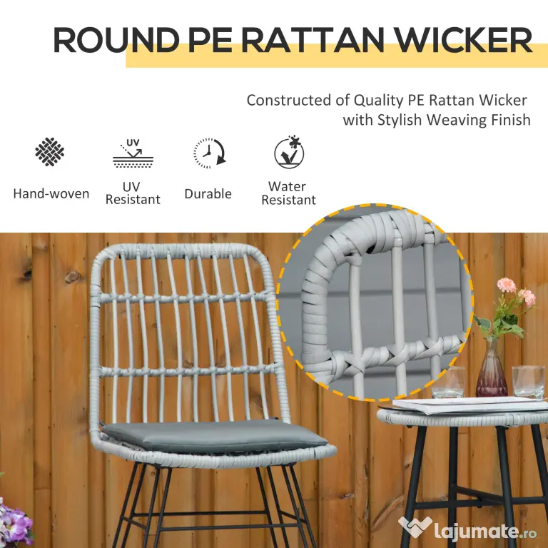 Outsunny Set Mobilier Grădină 3 Piese din Ratan, Salon Exterior cu Măsuță de Cafea și Scaune, Ideal pentru Spații Deschise, Gri | Aosom Romania